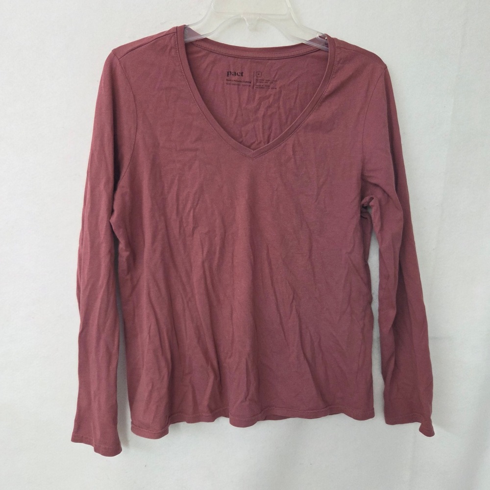 Pact V-Neck‎ Long Sleeve Tee Womens Medium Rosewood Organic Cotton Basic